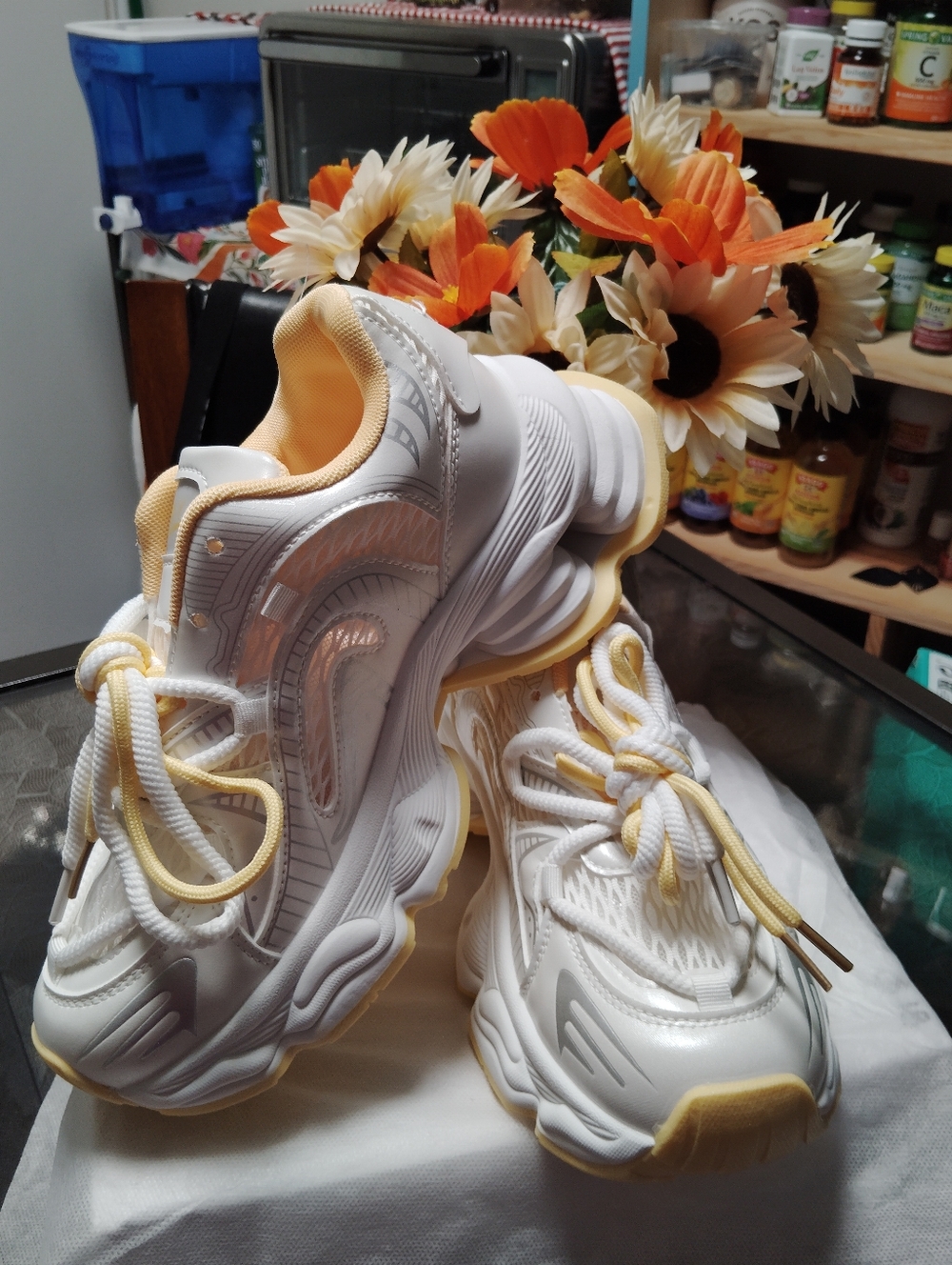 White & Yellow Platform Athletic Sneakers - Women's - Picture 6 of 8